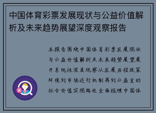 中国体育彩票发展现状与公益价值解析及未来趋势展望深度观察报告 中国体育彩票发展现状与公益价值解析及未来趋势展望深度观察报告